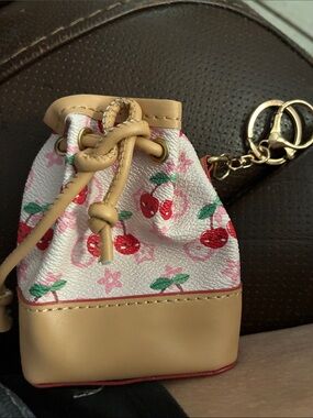 Beige Cherry Print Drawstring Keychain poop bag